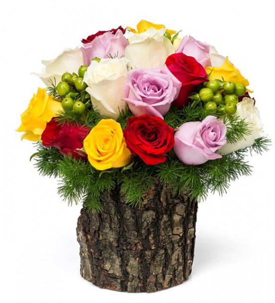 Doğal Ahşap Kütükte Karışık Gül Arajmanı